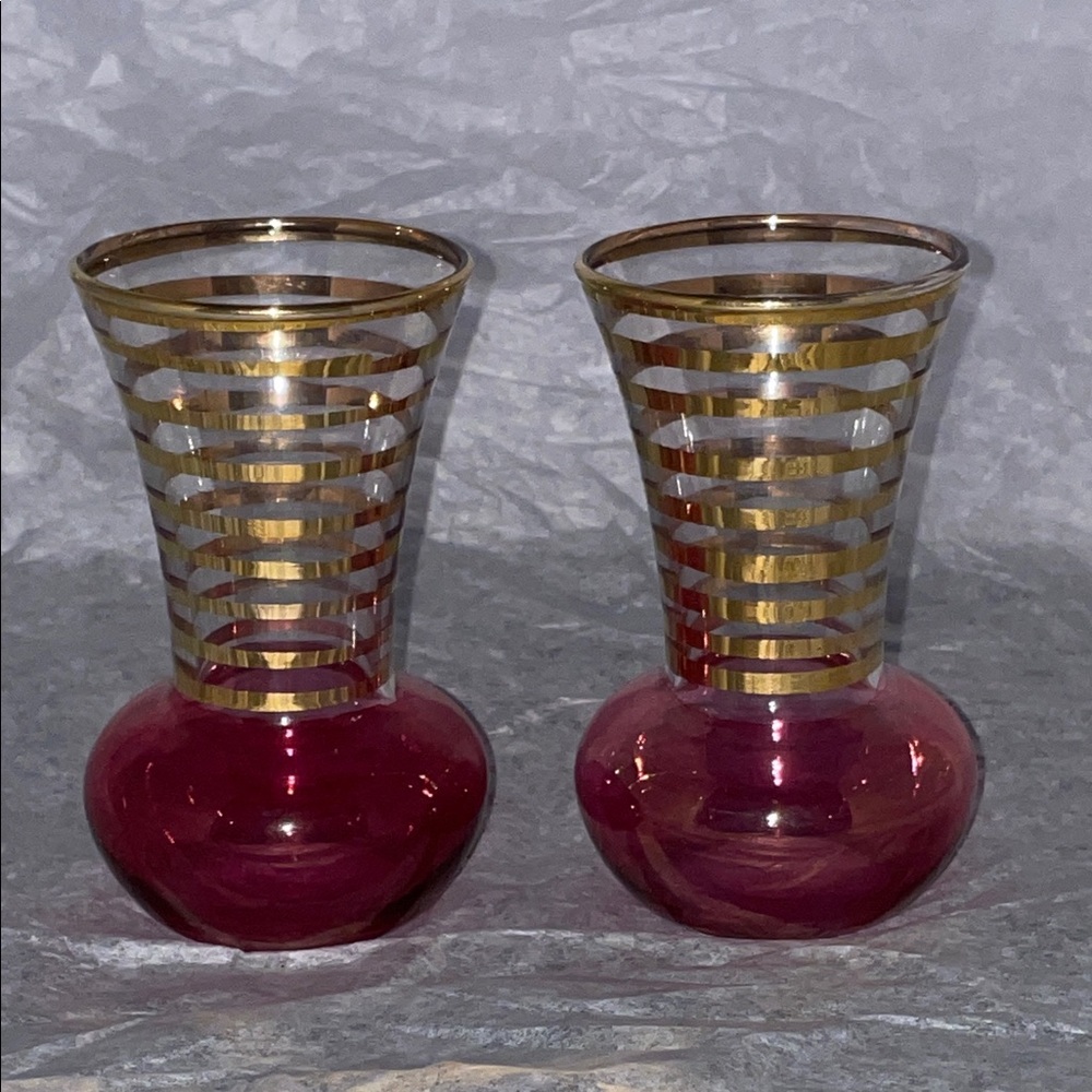 Bartlett Collins Vintage Cranberry Glass Bud Vases Gold Spiral Set of 2